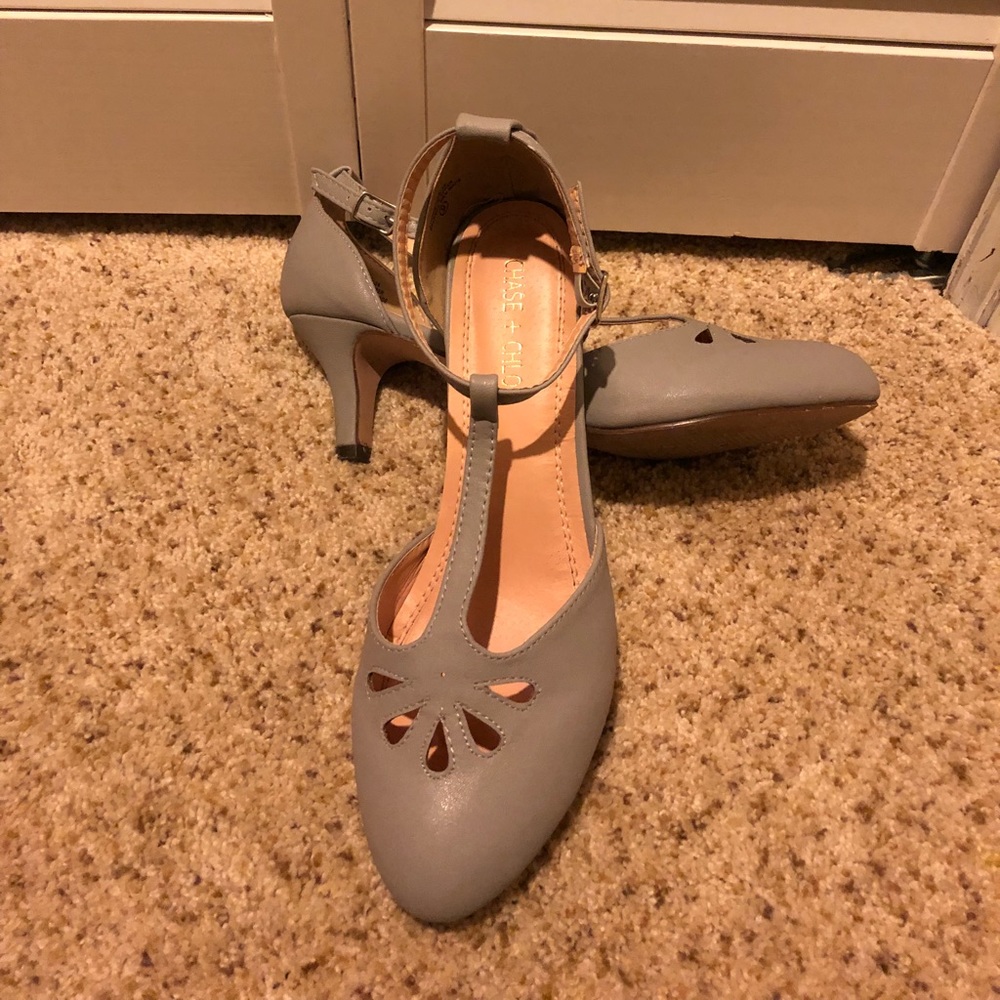 Grey T-strap kitten heel shoes